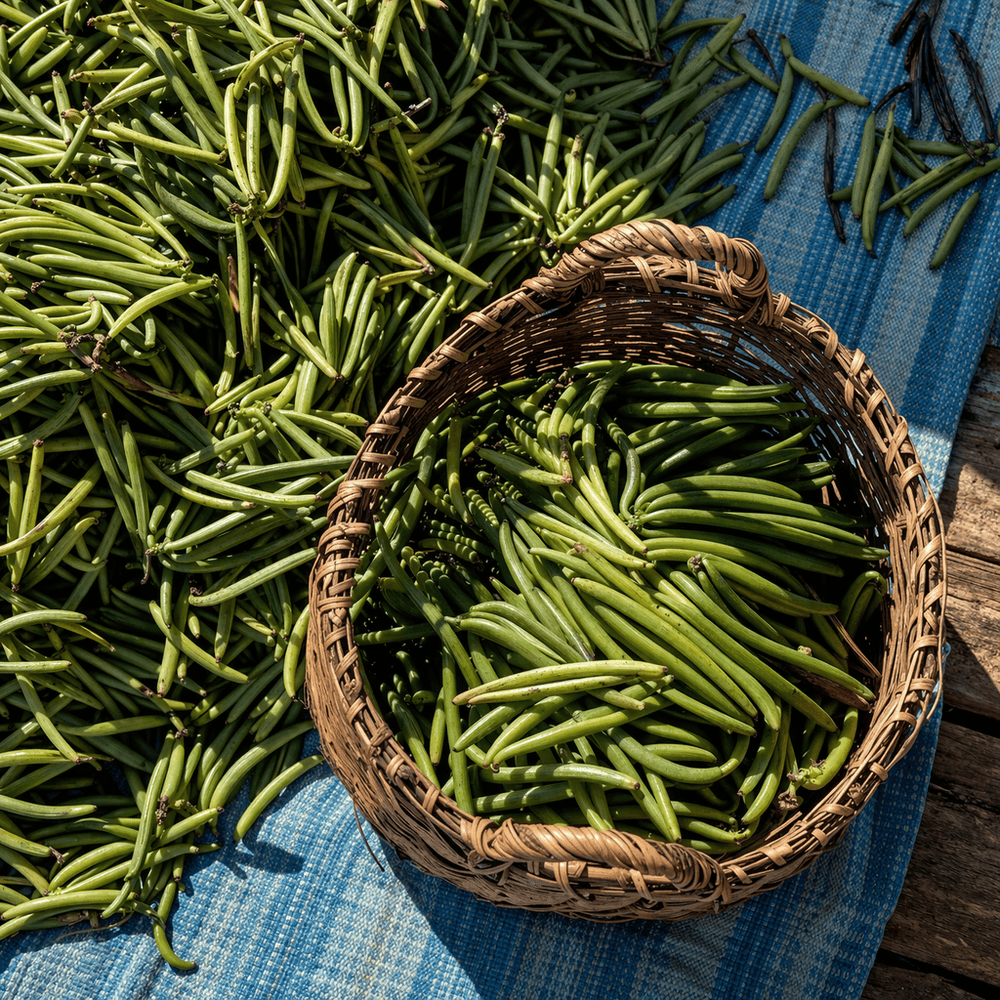 Harvested green vanilla beans in basket