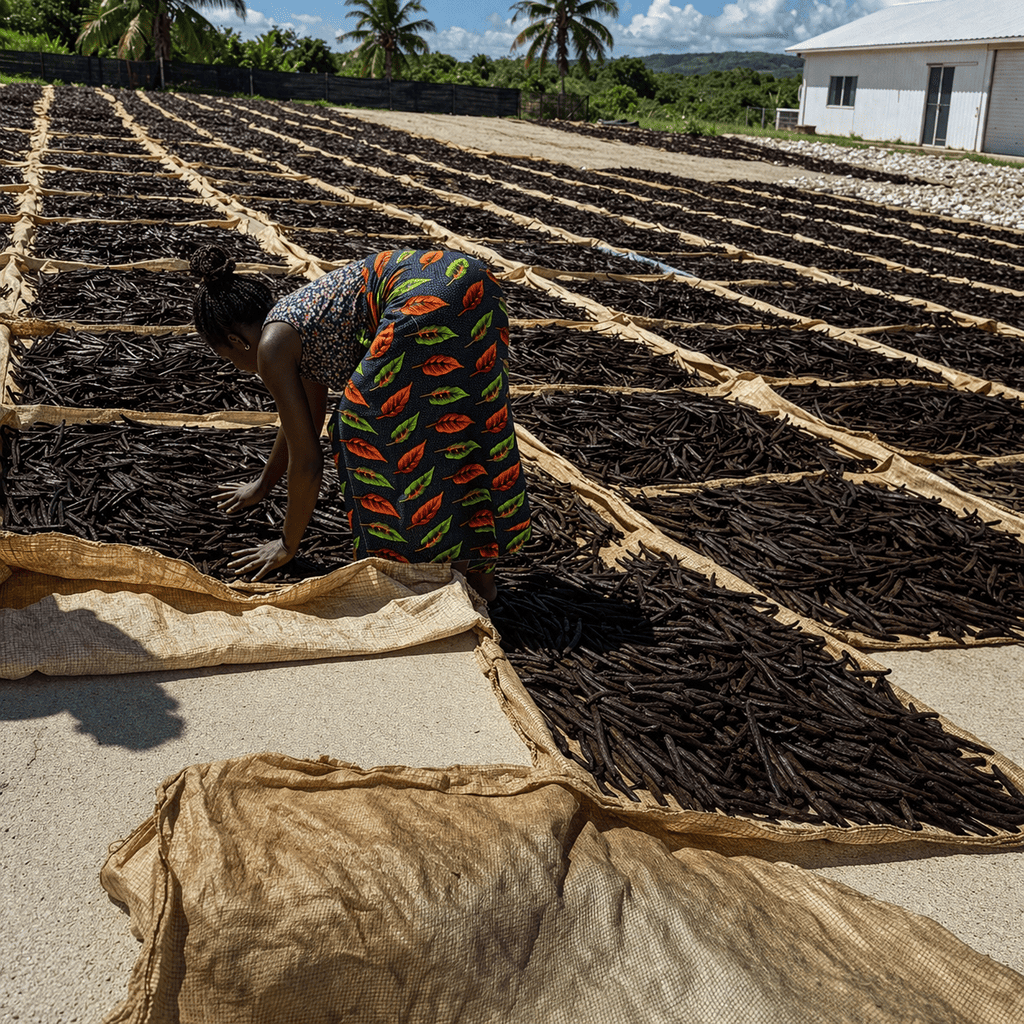 Traditional worker handling vanilla during sun-drying