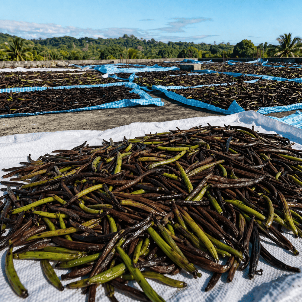 Vanilla beans slowly sun-drying in Madagascar